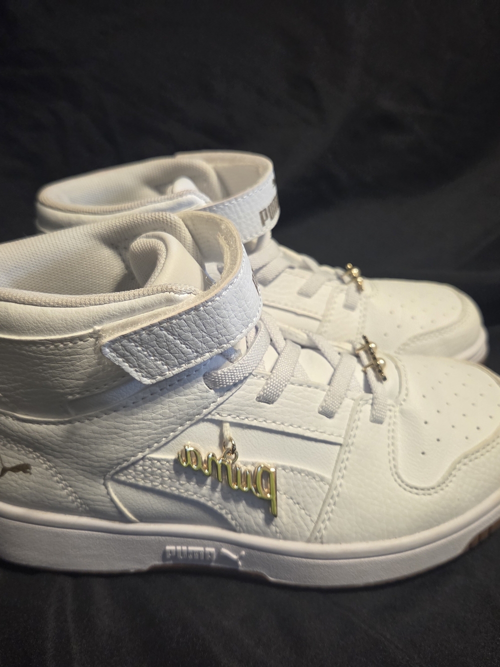 Puma Kids White High-Top Sneakers with Gold Charm